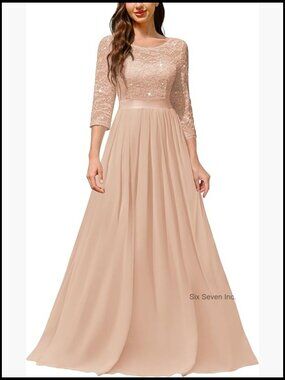 Classy Scoop Neck Sequined Floral Lace Maxi Dress